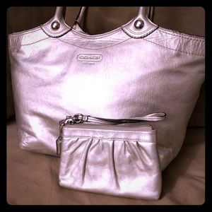 Silver Coach Purse & Matching Wallet Wristlet